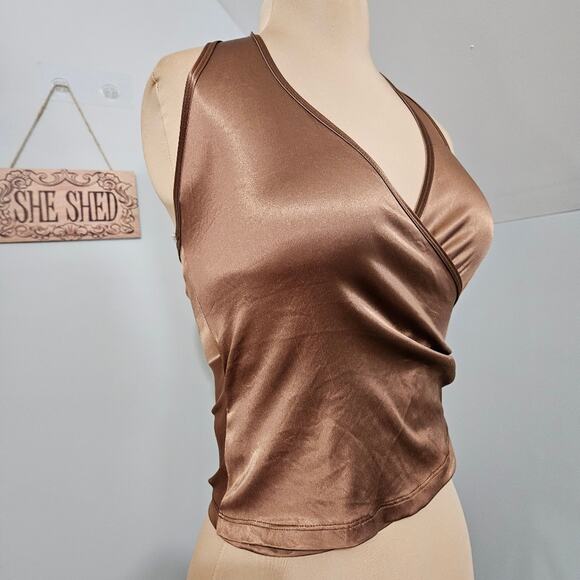 Nally and Millie Bronze Surplice Neck Ruched Side Cropped Halter Top Y2K Medium - Picture 4 of 13
